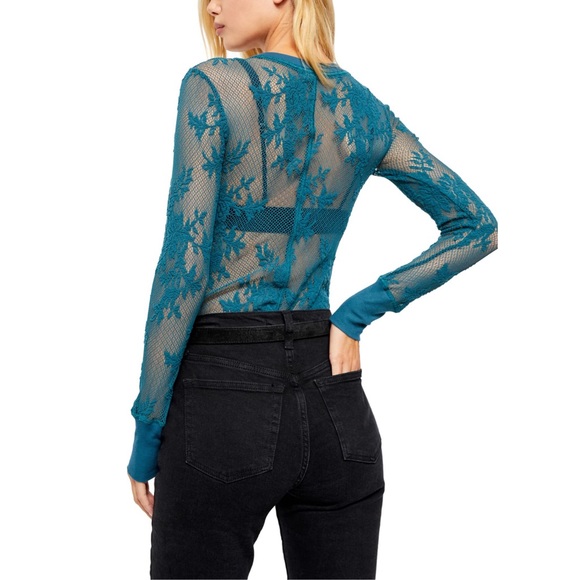 NEW FREE PEOPLE Teal Cool It Mesh Long Sleeve Top - Picture 2 of 12